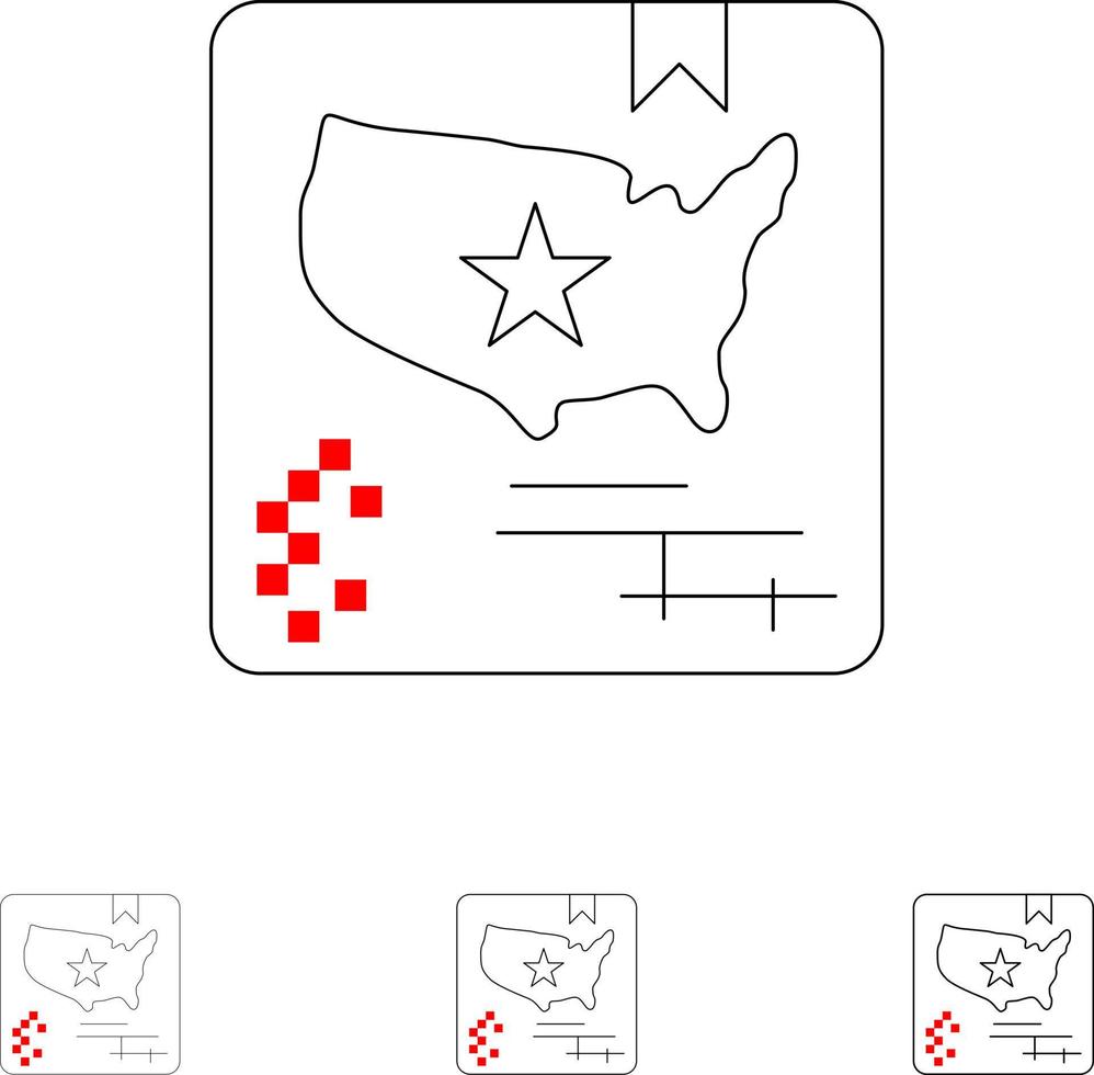 amerikan flagga Karta värld djärv och tunn svart linje ikon uppsättning vektor
