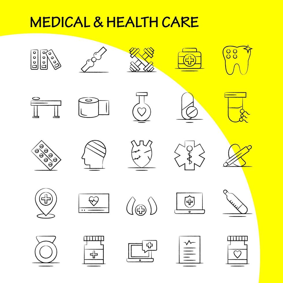 handgezeichnetes Symbol für Medizin und Gesundheitswesen für Webdruck und mobiles Uxui-Kit wie Medizintablette Krankenhaus misst medizinische medizinische Geräte Piktogrammpaketvektor vektor