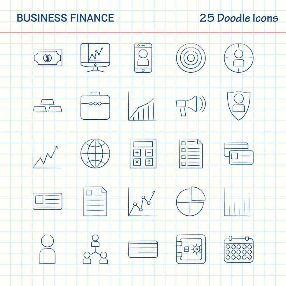Unternehmensfinanzierung 25 Doodle-Symbole handgezeichnetes Business-Icon-Set vektor