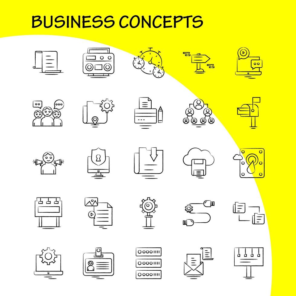 Handgezeichnete Symbole für Geschäftskonzepte, die für Infografiken, mobiles Uxui-Kit und Druckdesign festgelegt wurden, umfassen Camcorder-Medien, Video-Media-Player, gesperrte Teile, Ausrüstungssammlung, modernes Infografik-Logo und vektor