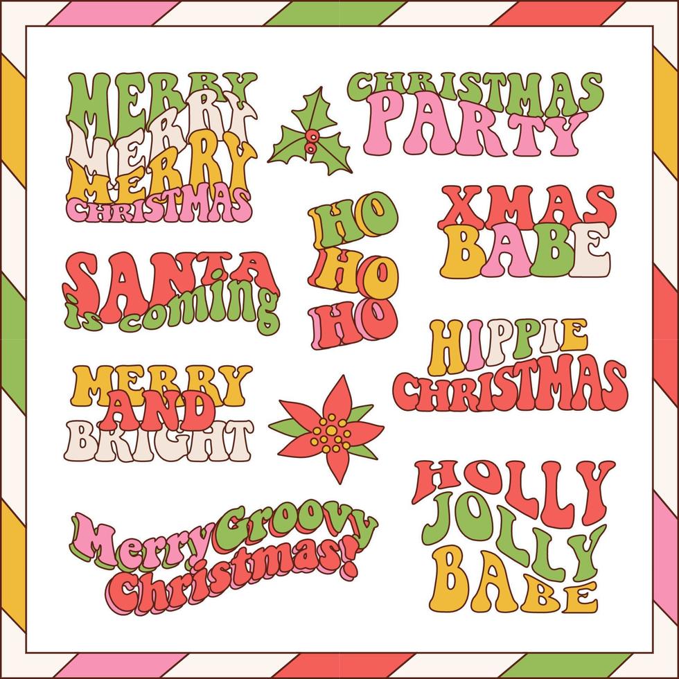 retro groovy weihnachtssatz festliche phrasen. Der Weihnachtsmann kommt, Holly Jolly Vibes, ho ho ho, fröhlich und hell, Xmas Babe. Vektor wellige Illustration im Stil der 60er 70er Jahre isoliert auf weißem Hintergrund