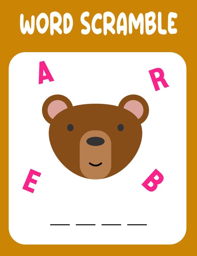 Bär Wort Scramble. Lernspiel für Kinder. Arbeitsblatt zur Rechtschreibung in englischer Sprache für Kinder im Vorschulalter. vektor