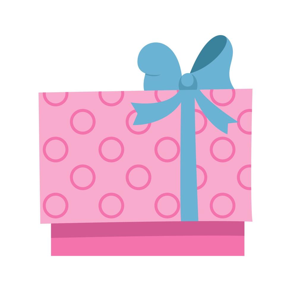 polka punkt rosa gåva låda med blå band och rosett. mall för försäljning baner, logotyp, överraskning affisch, flygblad, hälsning kort, omslag. fira högtider, ger presenterar på händelse. platt design. vektor