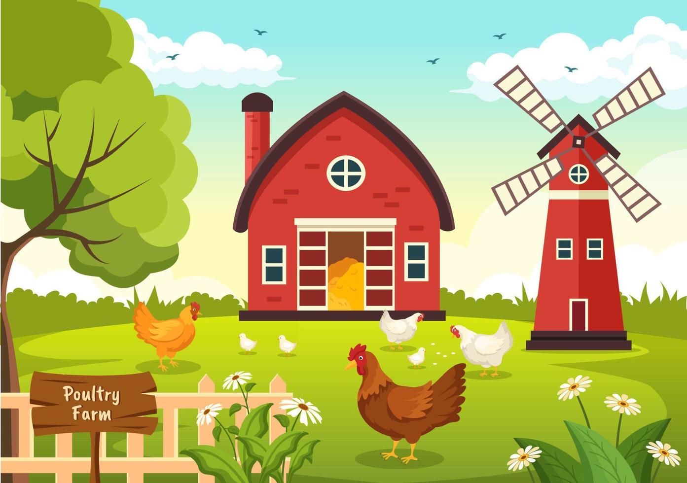 fjäderfän jordbruk med jordbrukare, bur, kyckling och ägg bruka på grön fält bakgrund se i hand dragen söt tecknad serie mall illustration vektor