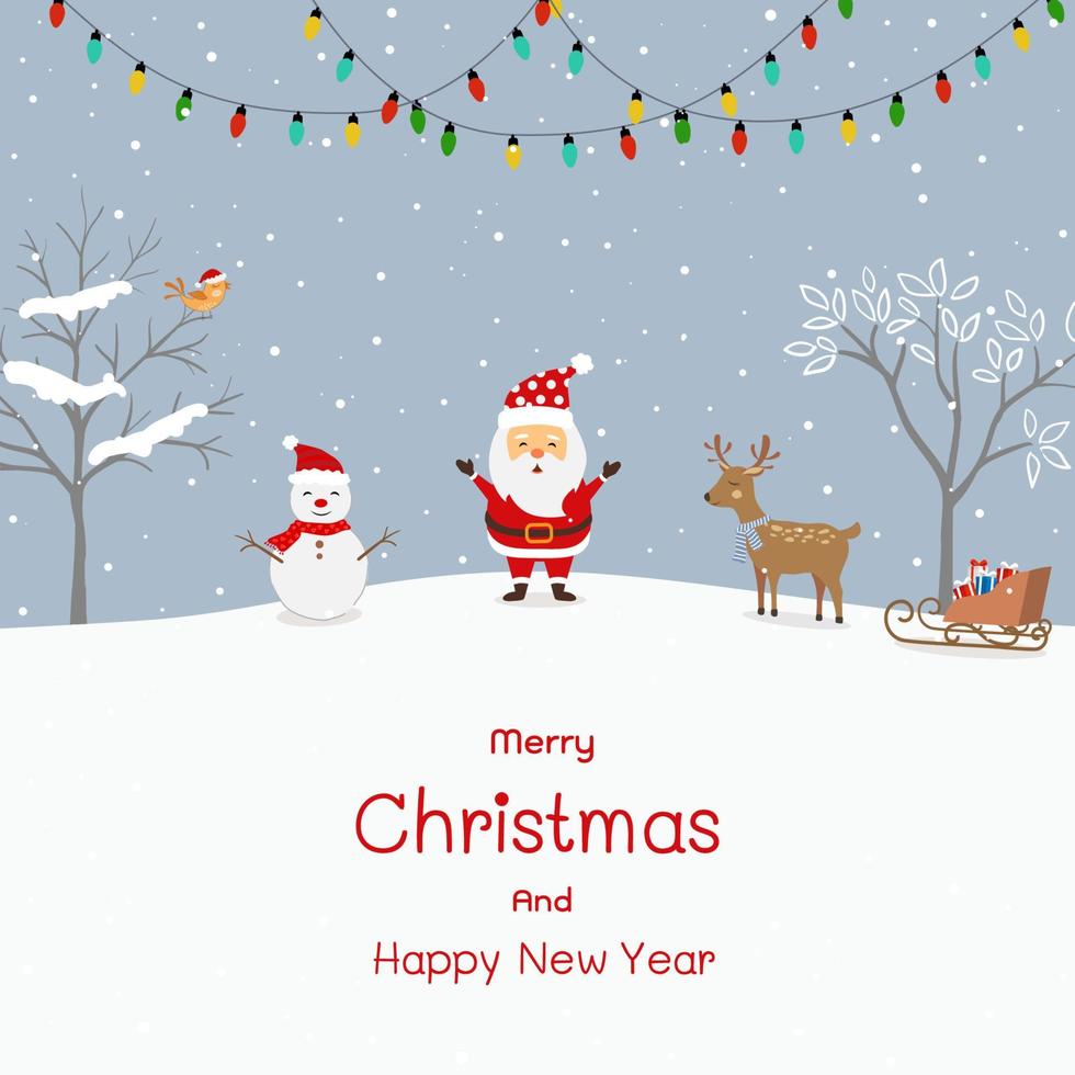 frohe weihnachten und guten rutsch ins neue jahr grußkarte mit niedlichem karikaturweihnachtsmann glücklich auf winterlandschaft vektor