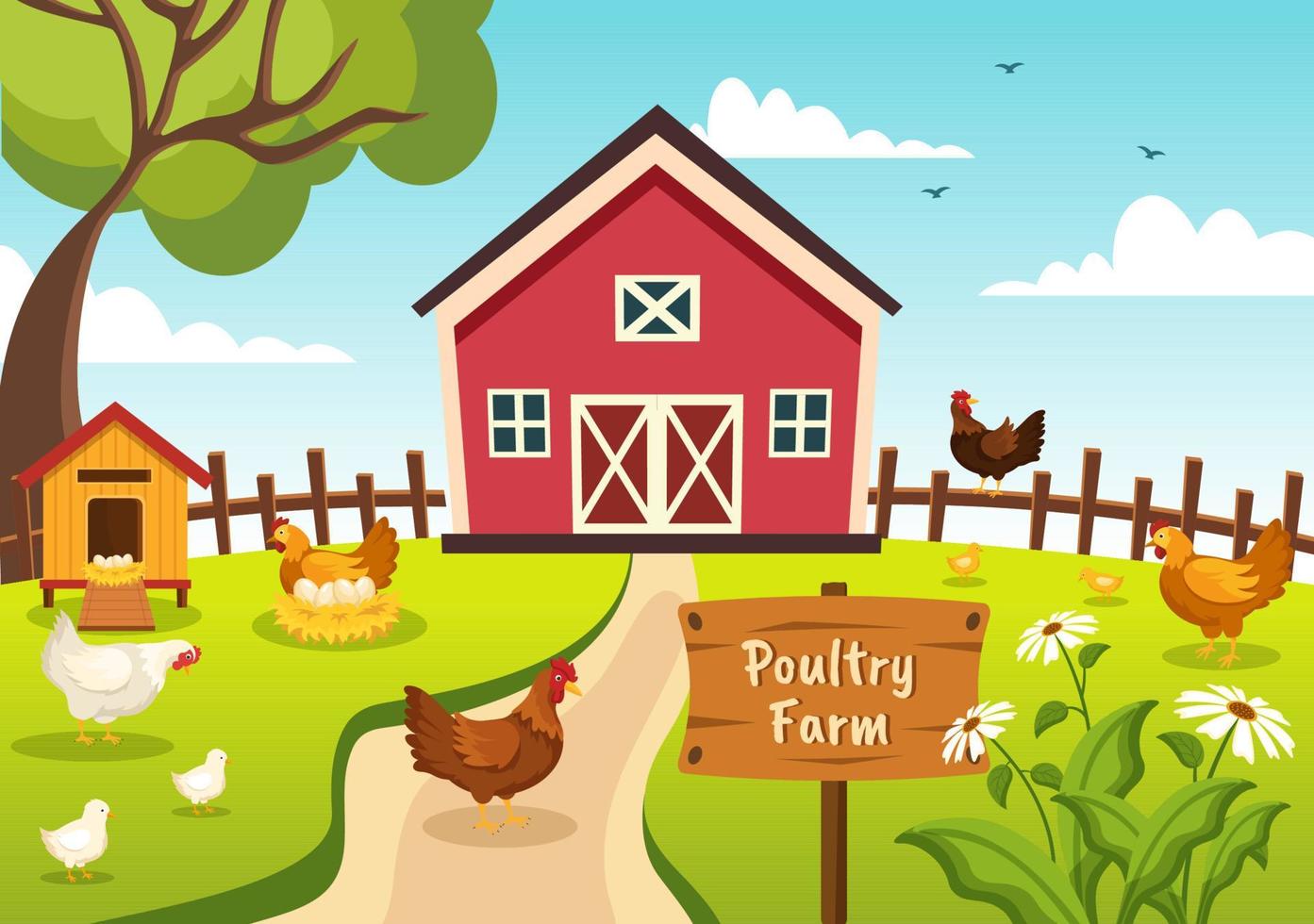 fjäderfän jordbruk med jordbrukare, bur, kyckling och ägg bruka på grön fält bakgrund se i hand dragen söt tecknad serie mall illustration vektor