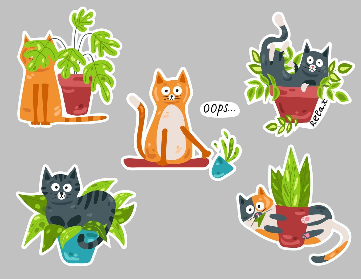 katter och inlagd blommor. samling av klistermärken. vektor illustration