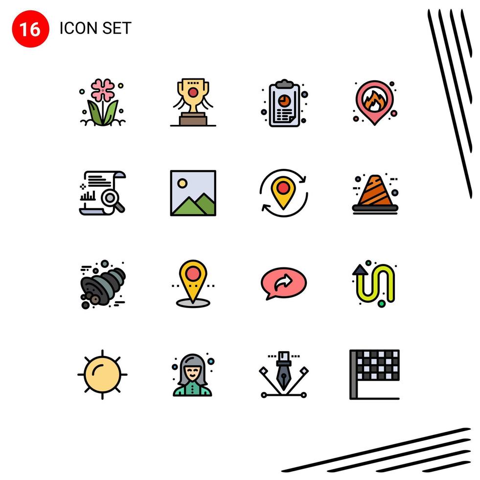 16 flache, farbgefüllte Linienkonzepte für mobile Websites und Apps Dateidiagramm Jahresbericht Karte Feuer editierbare kreative Vektordesign-Elemente vektor