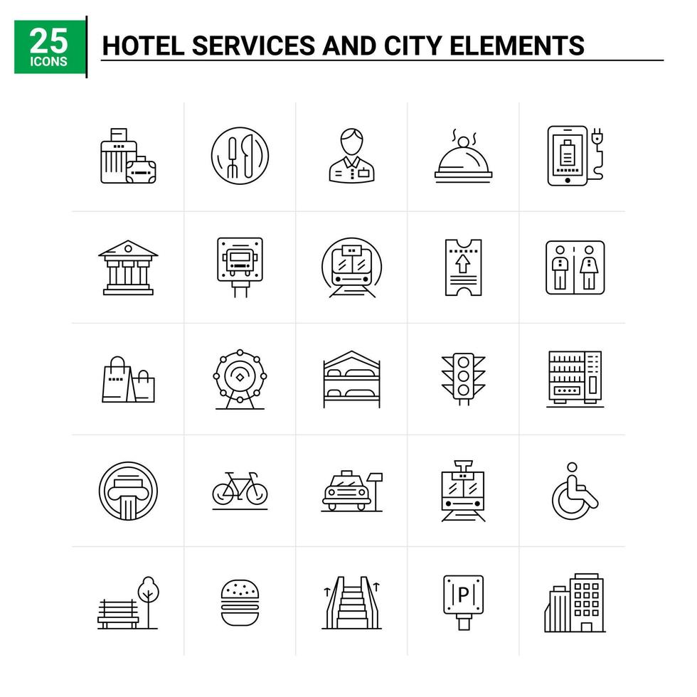 25 Hotelservices und Stadtelemente Symbolsatz Vektorhintergrund vektor