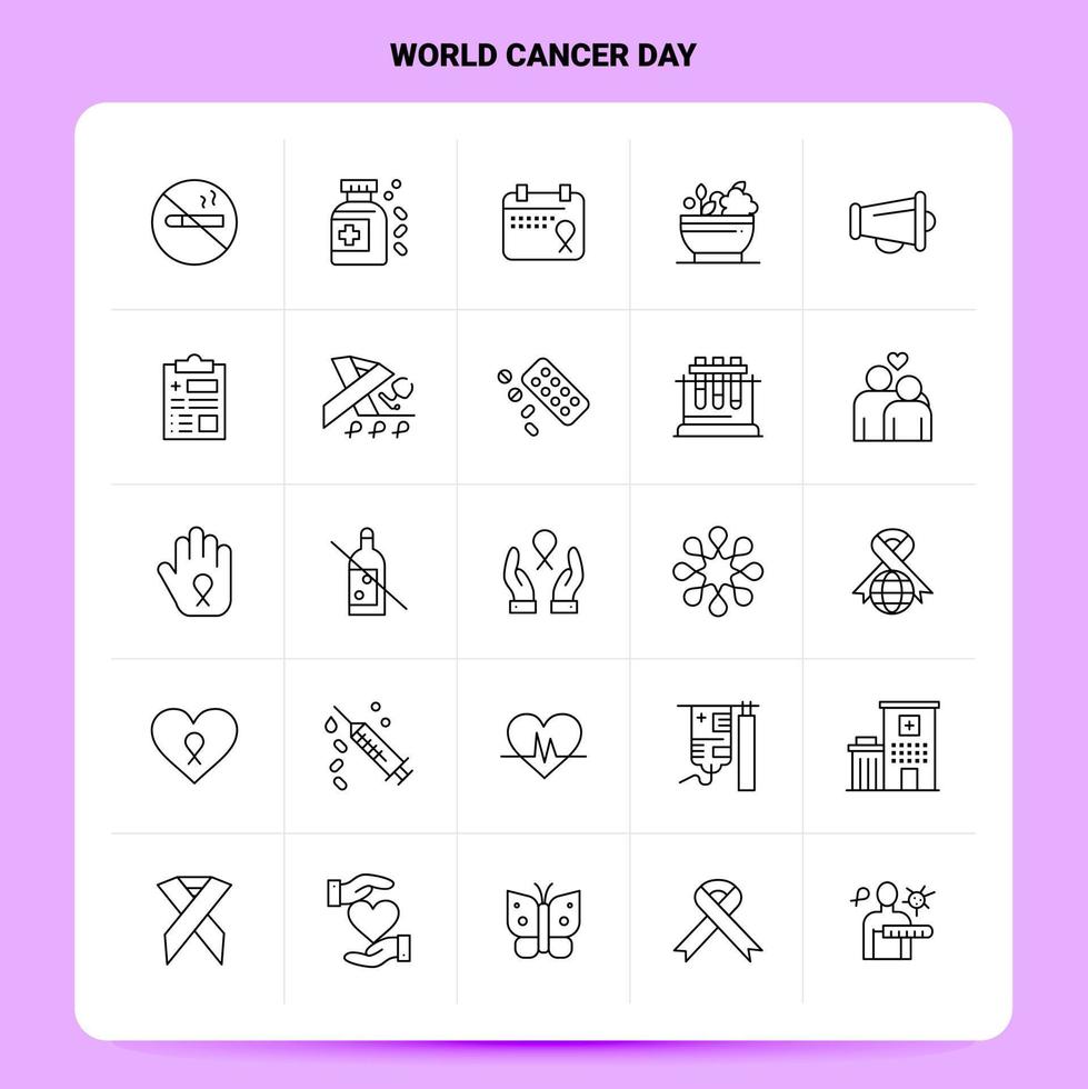 översikt 25 värld cancer dag ikon uppsättning vektor linje stil design svart ikoner uppsättning linjär piktogram packa webb och mobil företag idéer design vektor illustration