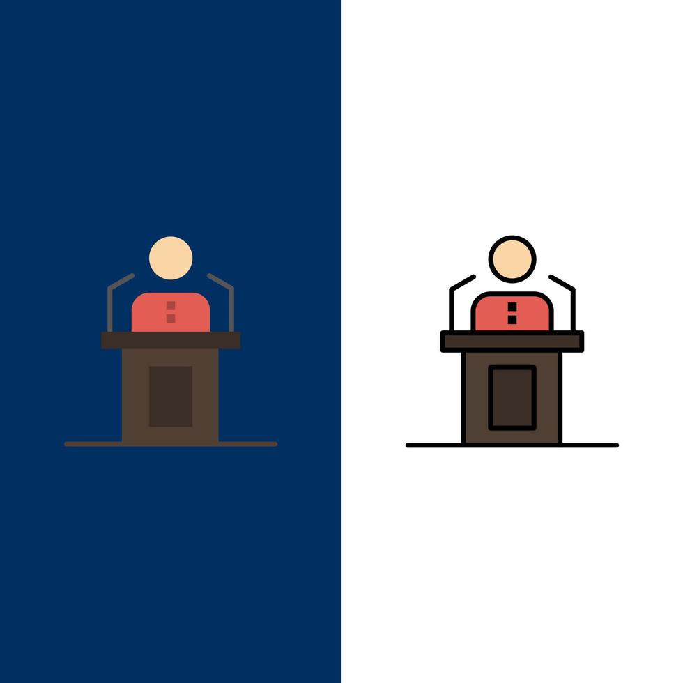 Sprecher Person Präsentation professionelles öffentliches Seminar Rede Symbole flach und Linie gefüllt Icon Set Vektor blauen Hintergrund