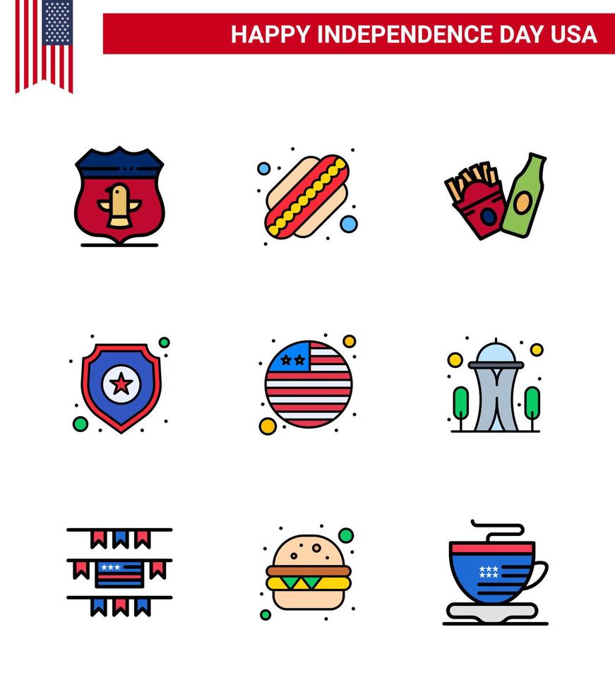 modern uppsättning av 9 platt fylld rader och symboler på USA oberoende dag sådan som byggnad flagga frysa Land stjärna redigerbar USA dag vektor design element