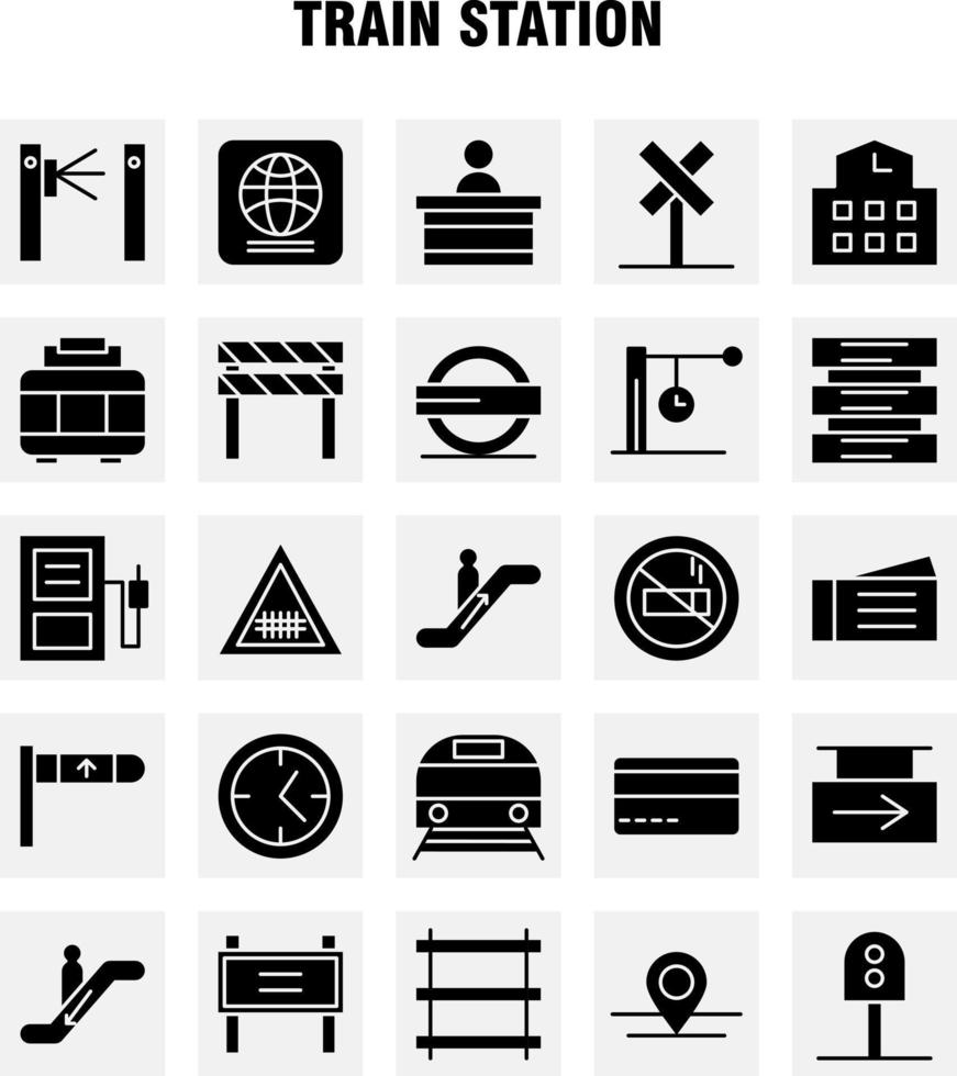 Bahnhof solide Glyphen-Symbole für Infografiken, mobiles Uxui-Kit und Druckdesign umfassen Eingang Bahnhof U-Bahn Zug Eisenbahn Eisenbahn Zeichen Symbolsatz Vektor