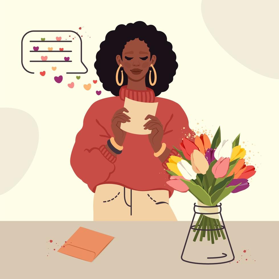 afrikansk flicka mottagen blomma leverans, läser romantisk meddelande. ung svart kvinna innehav brev av lyckönskningar. bukett av tulpaner i vas. kärlek, födelsedag, begrepp, hjärtans dag. vektor illustration