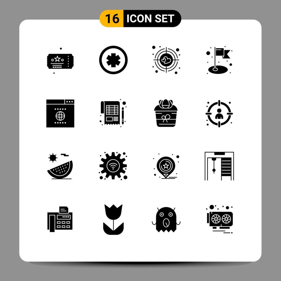 Satz von 16 kommerziellen soliden Glyphenpaketen für die Buchhaltung von SEO-Aim-Browser-Flaggen, editierbare Vektordesign-Elemente vektor