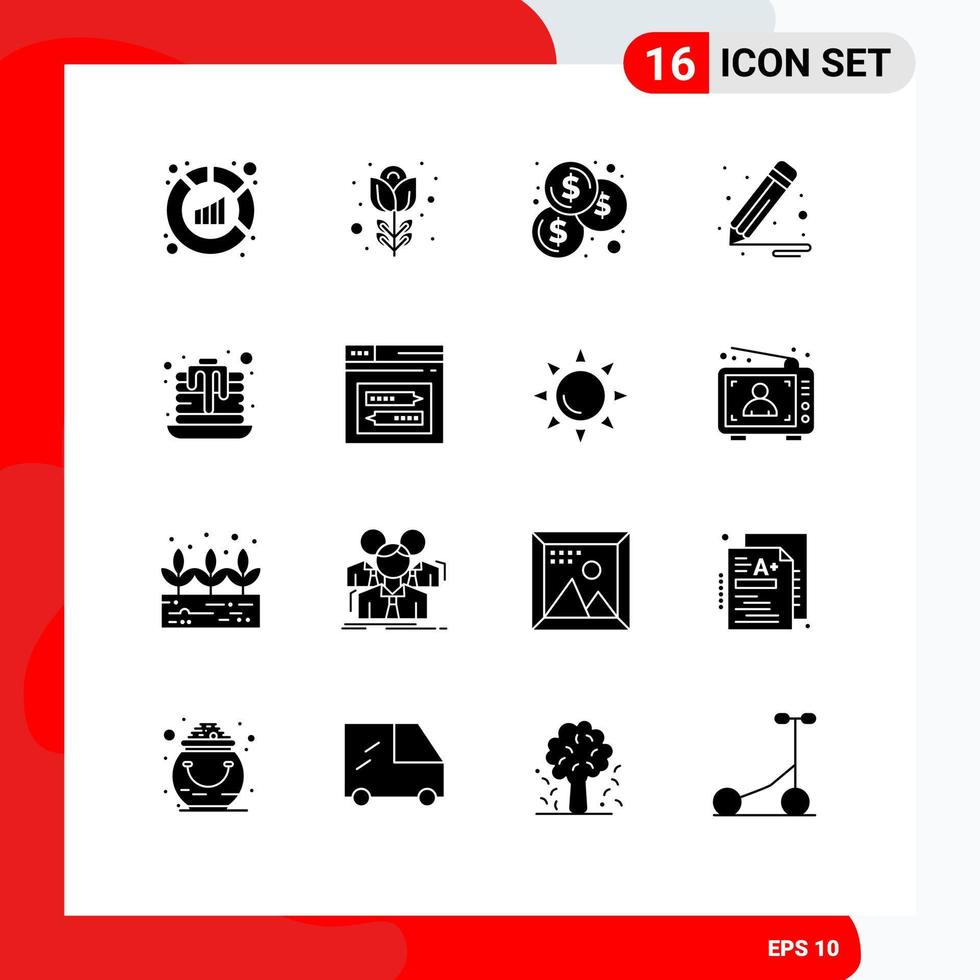 16 solides Glyphenpaket der Benutzeroberfläche mit modernen Zeichen und Symbolen des Internet-Pfannkuchen-Budget-Dessert-Designs, editierbare Vektordesign-Elemente vektor