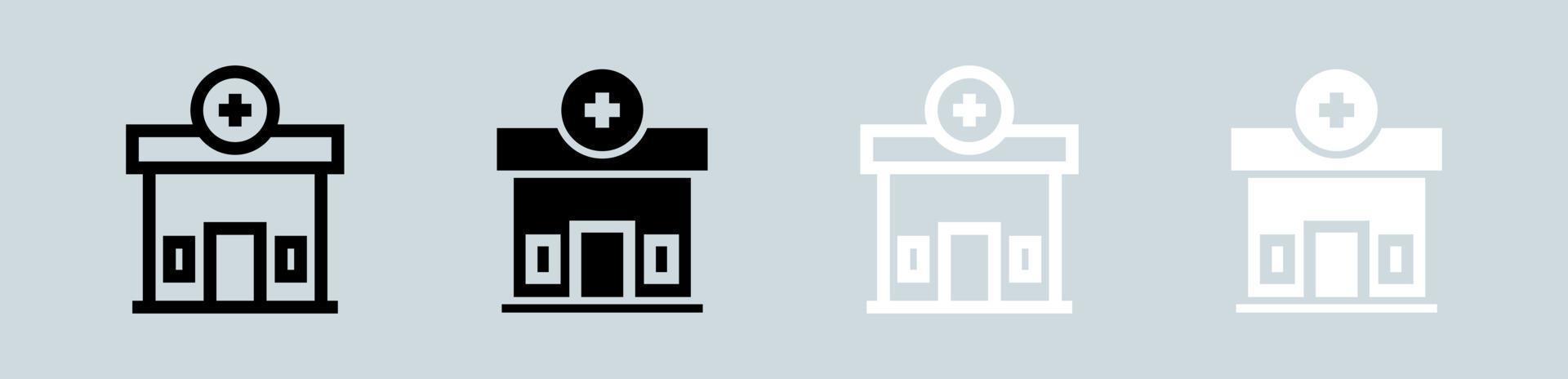 sjukhus ikon uppsättning i svart och vit. klinik tecken vektor illustration.