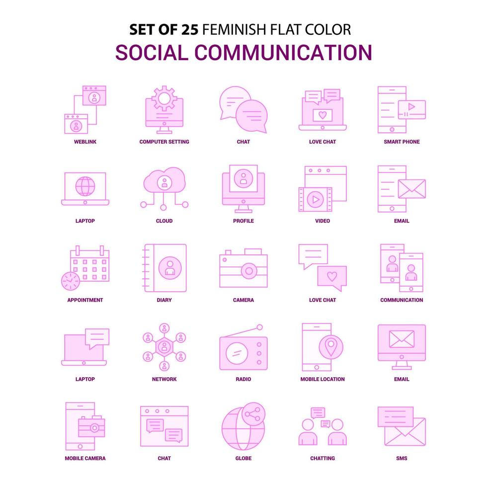 uppsättning av 25 feminiskt social kommunikation platt Färg rosa ikon uppsättning vektor