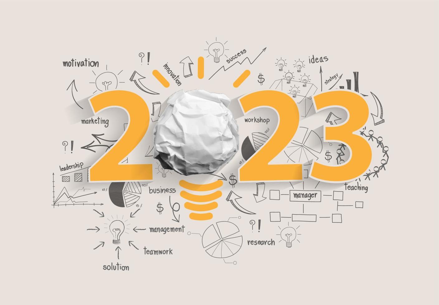 vektorkreativität inspiration 2023 neujahr mit zerknittertem papier ball glühbirne ideen konzeptdesign, mit zeichnung von diagrammen und grafiken geschäftserfolg strategieplan vektor