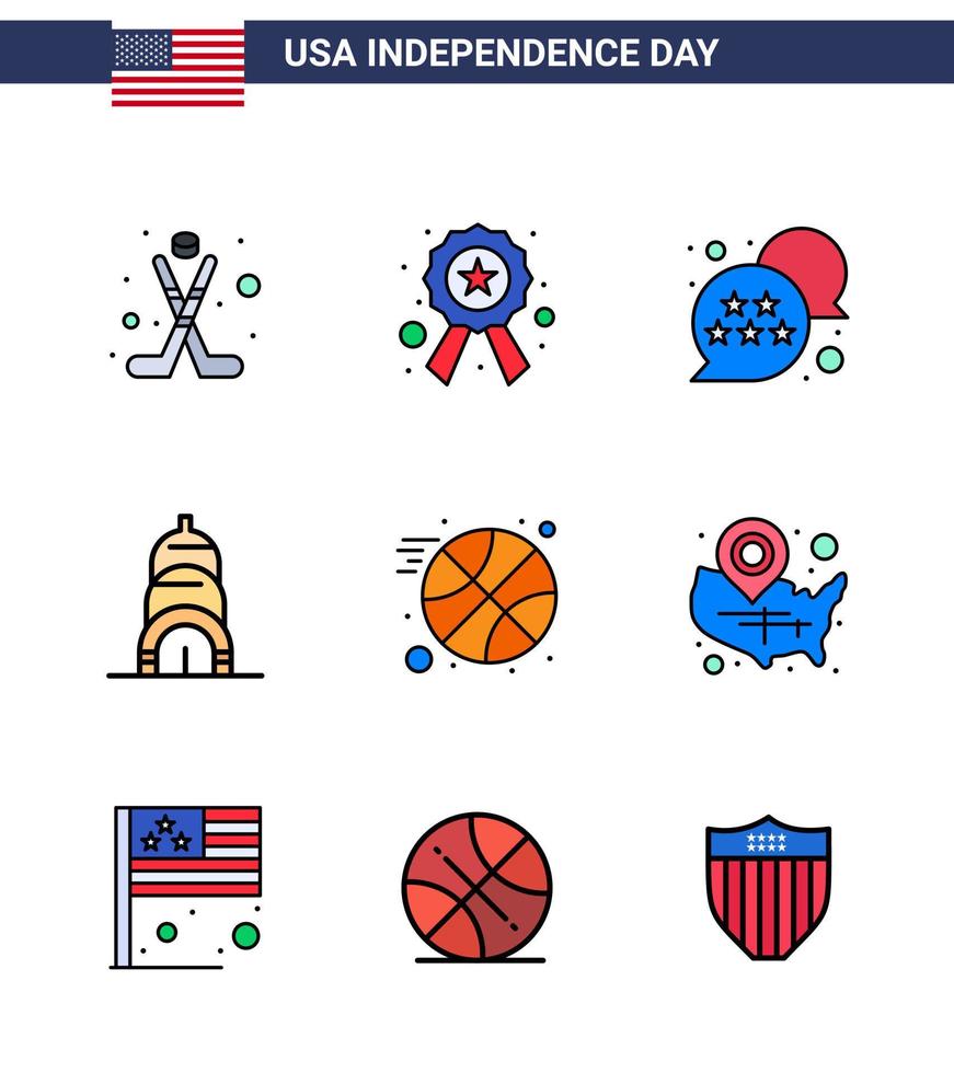 Stock Vector Icon Pack von American Day 9 Zeilenzeichen und Symbolen für Sport Basketball Flagge USA Chrysler editierbare USA Tag Vektor Design Elemente