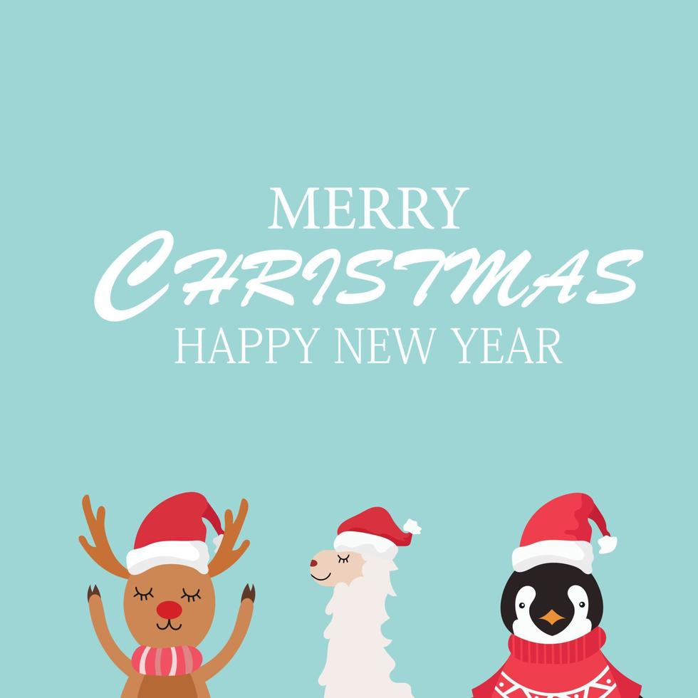 prinmerry jul och Lycklig ny år med söt ren, lamaand pingvin tecknad serie karaktär vektor. vektor