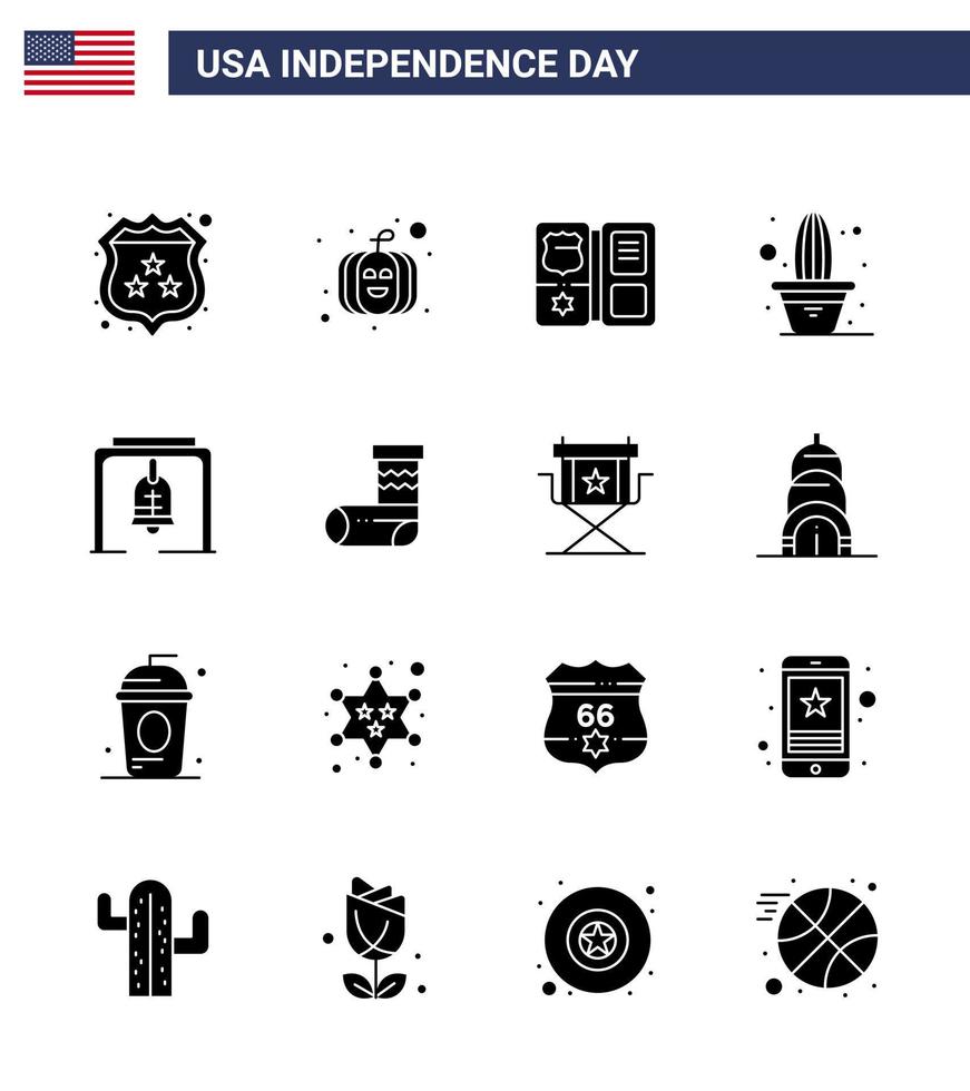 stock vektor ikon packa av amerikan dag 16 fast glyf tecken och symboler för jul klocka varna skydda pott blomma redigerbar USA dag vektor design element