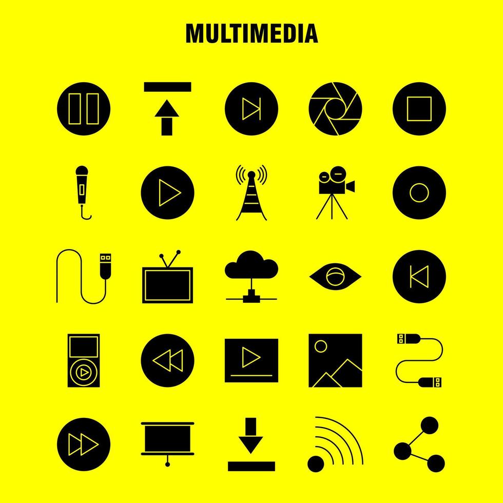 Multimedia-Solid-Glyph-Symbol für Webdruck und mobiles Uxui-Kit wie Media-Mikrofon-Soundsteuerung Fast-Forward-Media-Piktogramm-Pack-Vektor vektor