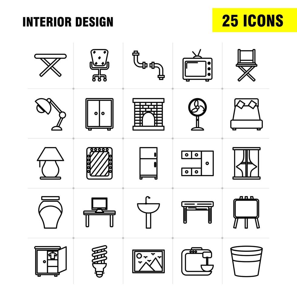 Innendesign-Liniensymbole für Infografiken, mobiles Uxui-Kit und Druckdesign, umfassen Bügeleisen, Elektronik, Haushaltsgeräte, Elektronikartikel, Badewanne, eps 10, Vektor