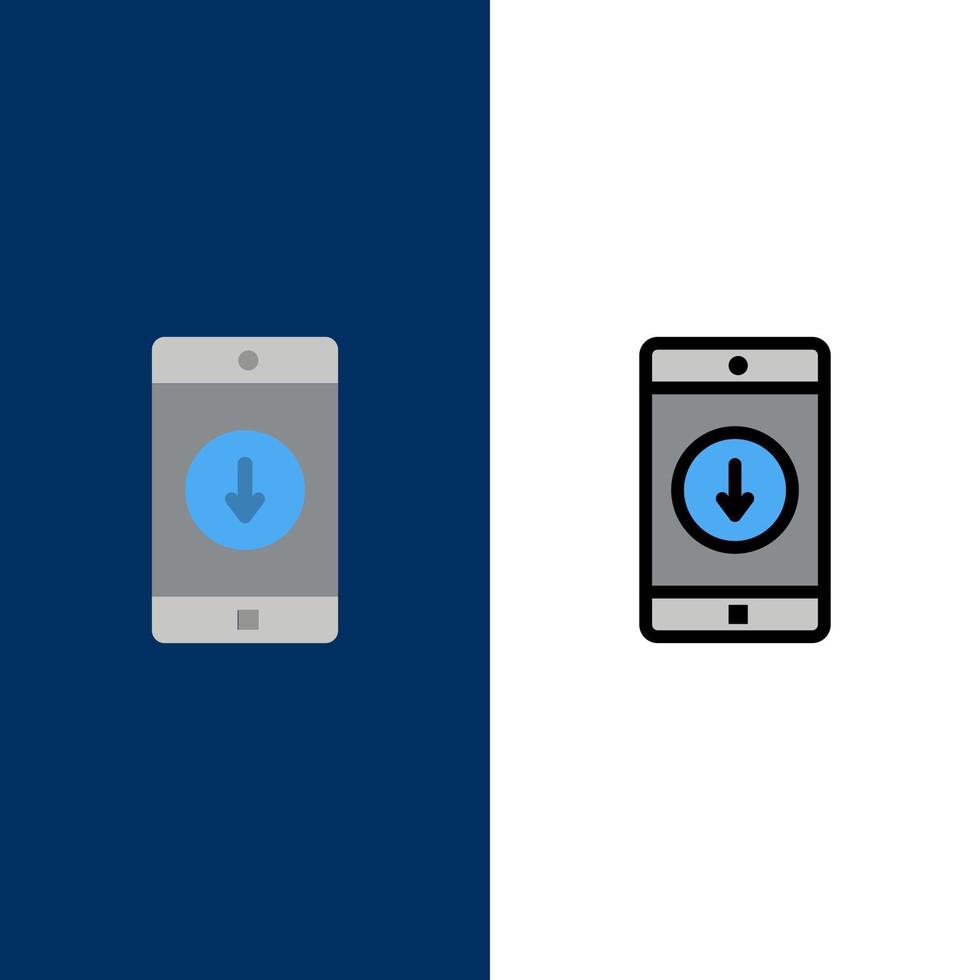 anwendung mobil mobile anwendung abwärtspfeil symbole flach und linie gefüllt icon set vektor blauen hintergrund