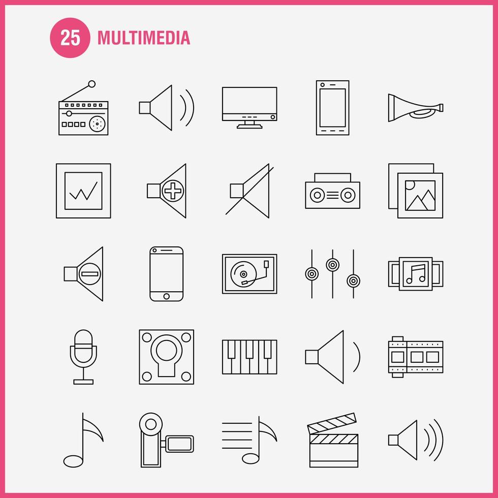 Multimedia-Liniensymbol für Webdruck und mobiles Uxui-Kit wie Mobiltelefon, Smartphone, Anruf, Kamera, Datei, Foto, Folie, Piktogramm, Packvektor vektor