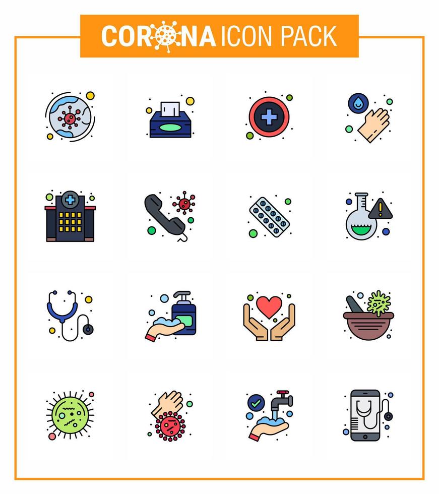 Corona-Virus 2019 und 2020 Epidemie 16 flache, farbig gefüllte Linien-Icon-Packs wie Krankenhausgebäude-Tissue-Box Händewaschen Virus-Coronavirus 2019nov-Krankheitsvektor-Designelemente vektor