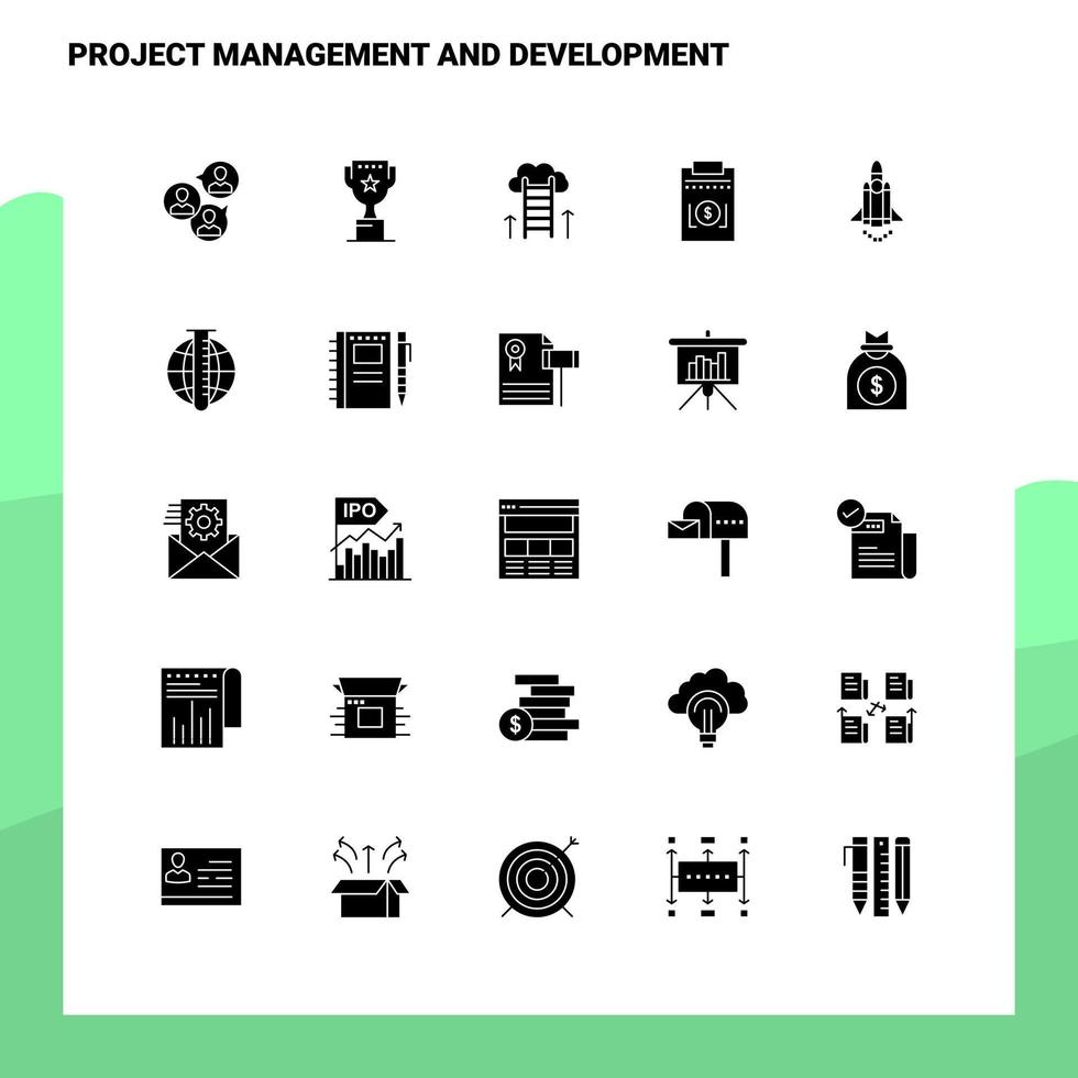 25 Projektmanagement- und Entwicklungssymbolsatz solide Glyphensymbol-Vektorillustrationsvorlage für Web- und mobile Ideen für Unternehmen vektor