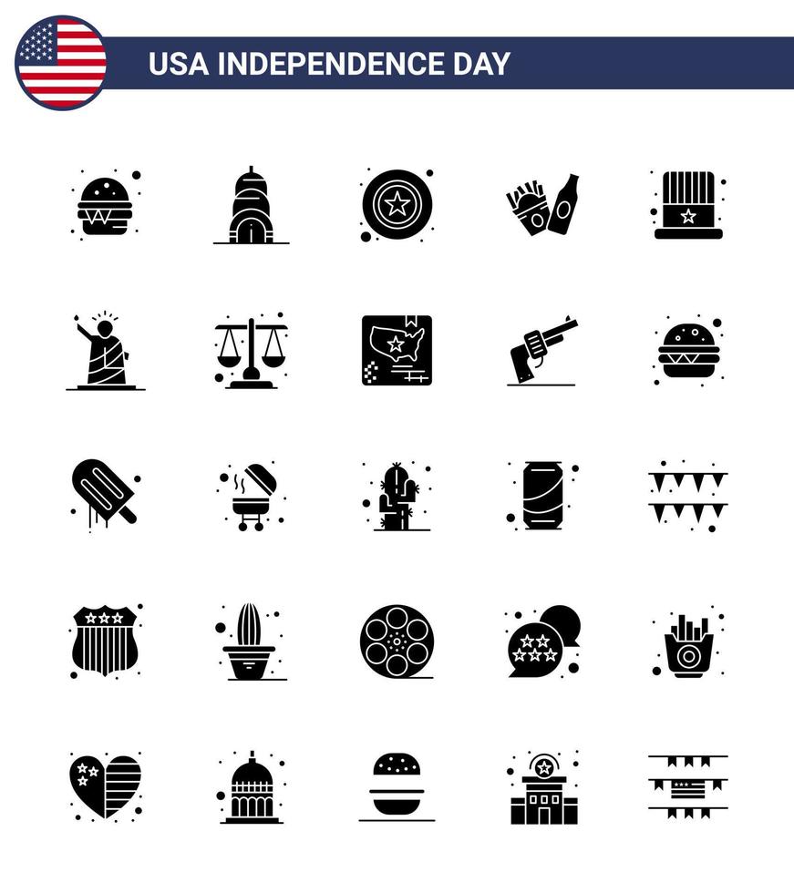 Aktienvektor-Icon-Pack mit amerikanischen Tag 25 soliden Glyphenzeichen und Symbolen für die US-amerikanische Kappenpolizei American Frise editierbare US-Tag-Vektordesign-Elemente vektor
