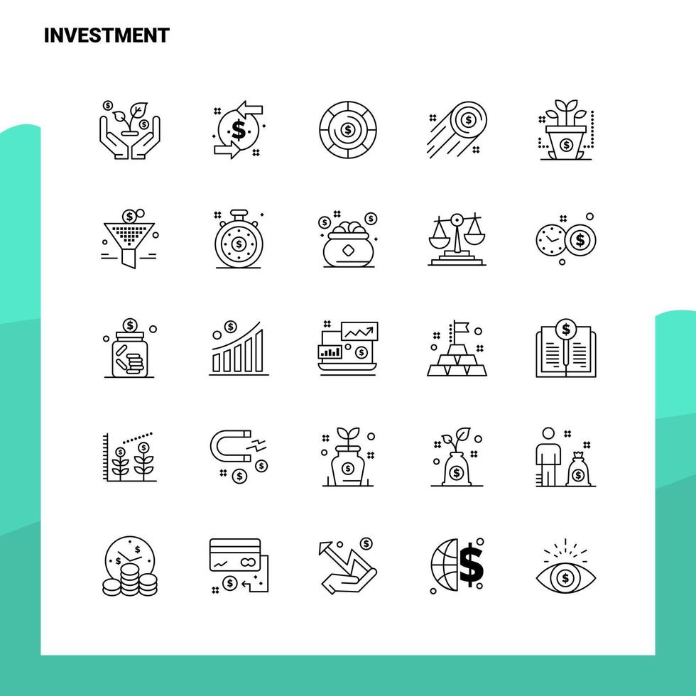 Set von Investment Line Icon Set 25 Icons Vektor Minimalismus Stil Design schwarze Icons Set lineares Piktogramm Pack