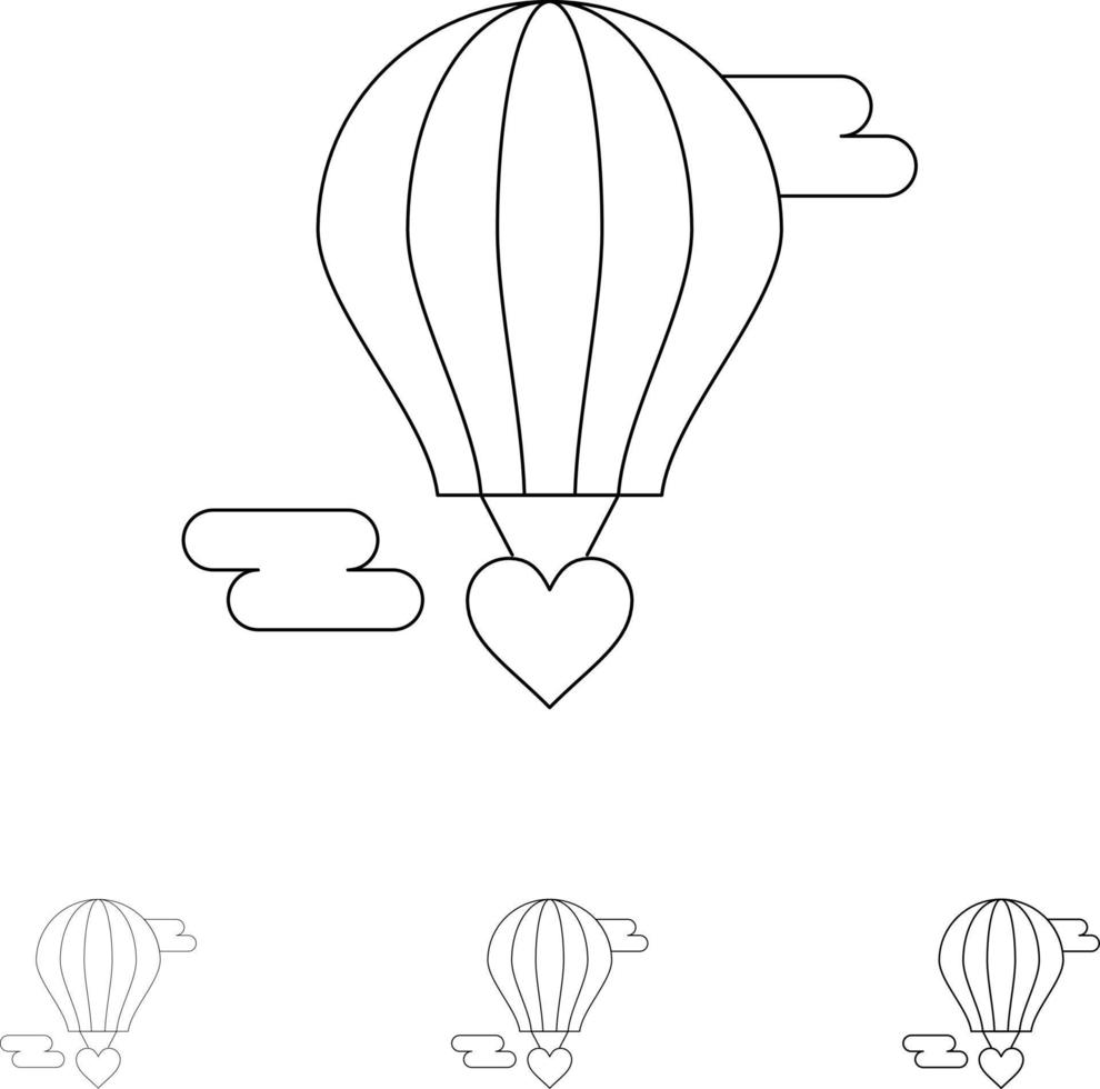 flygande ballong varm ballong kärlek valentine djärv och tunn svart linje ikon uppsättning vektor