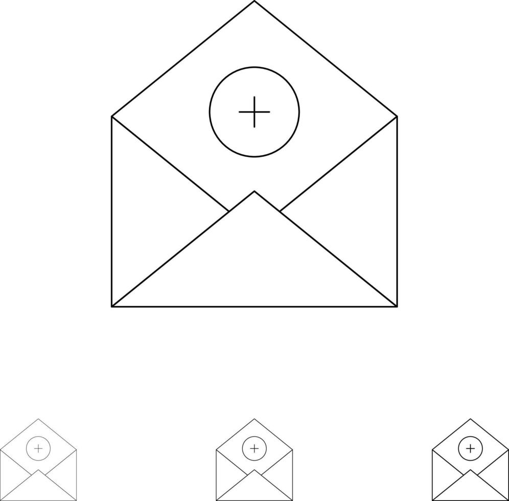 Lägg till addmail kommunikation e-post post djärv och tunn svart linje ikon uppsättning vektor
