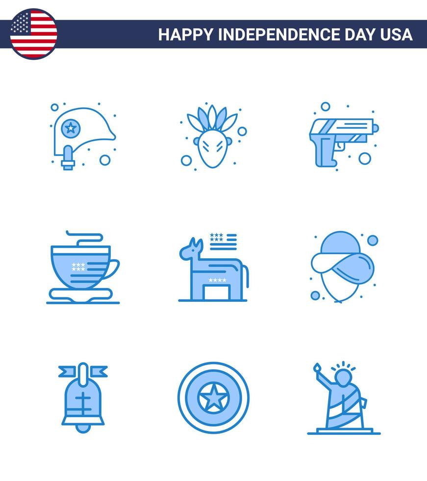 Lycklig oberoende dag USA packa av 9 kreativ blues av symbol amerikan säkerhet åsna kopp redigerbar USA dag vektor design element