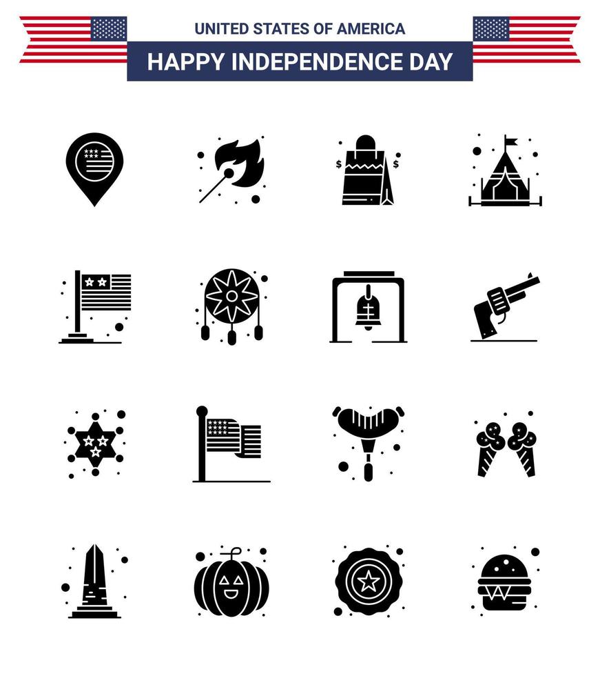 Lycklig oberoende dag 16 fast glyfer ikon packa för webb och skriva ut internationell Land väska tält läger redigerbar USA dag vektor design element