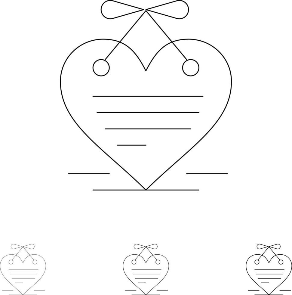 Herz hängender Herzkalender Liebesbrief Fett und dünne schwarze Linie Symbolsatz vektor