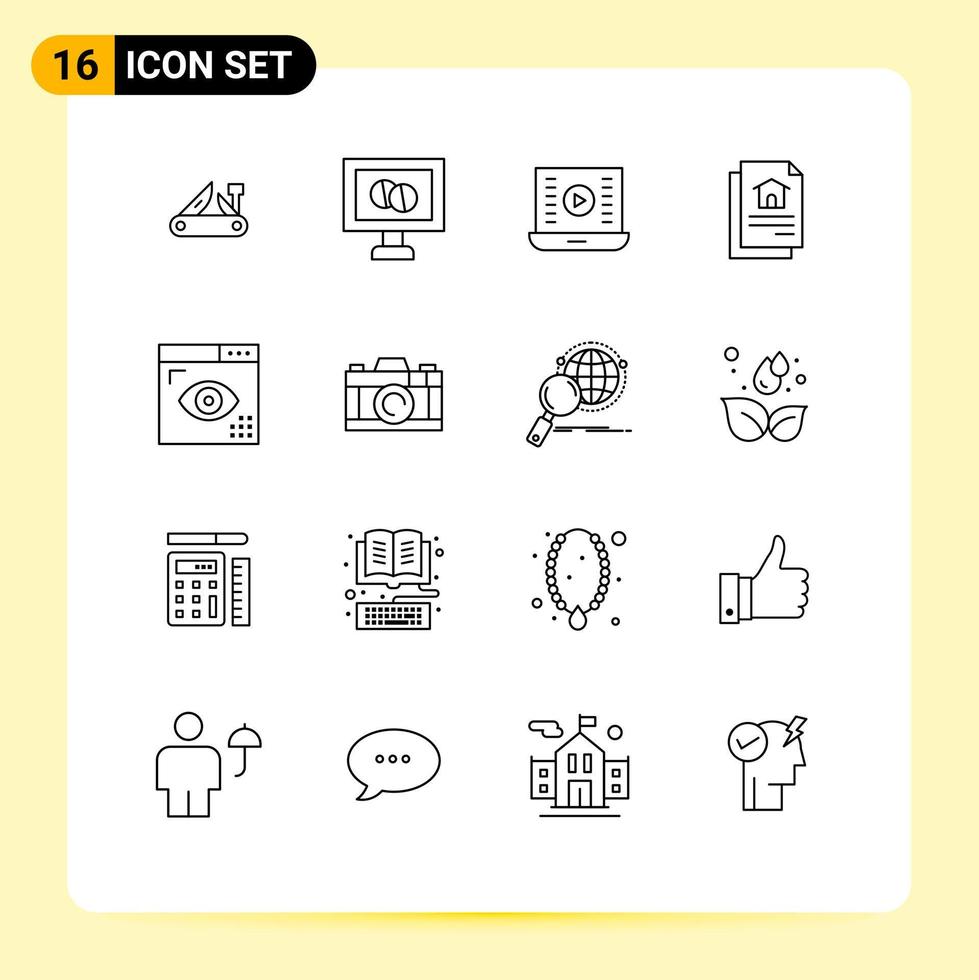 satz von 16 modernen ui symbolen symbole zeichen für design haus audio abspielen dokument ansehen video editierbare vektordesignelemente vektor