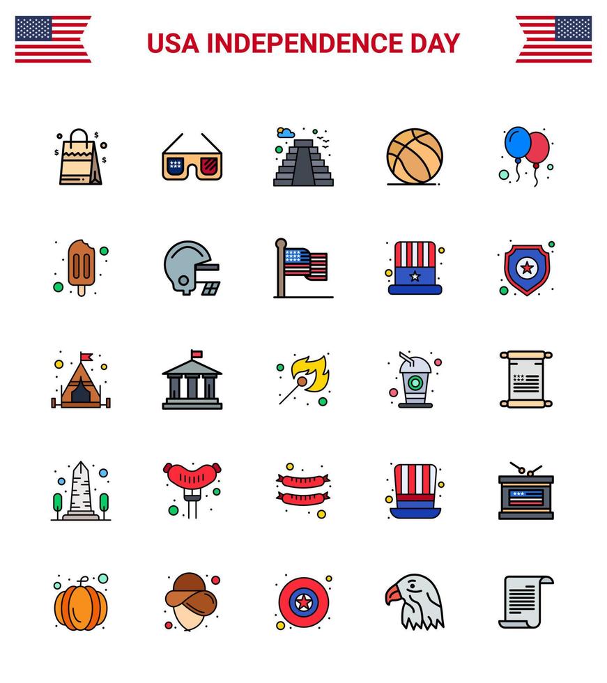 Usa Happy Independence Day Piktogrammsatz aus 25 einfachen, flach gefüllten Linien zum Feiern von Usa American American Football editierbare Usa-Tag-Vektordesign-Elemente vektor