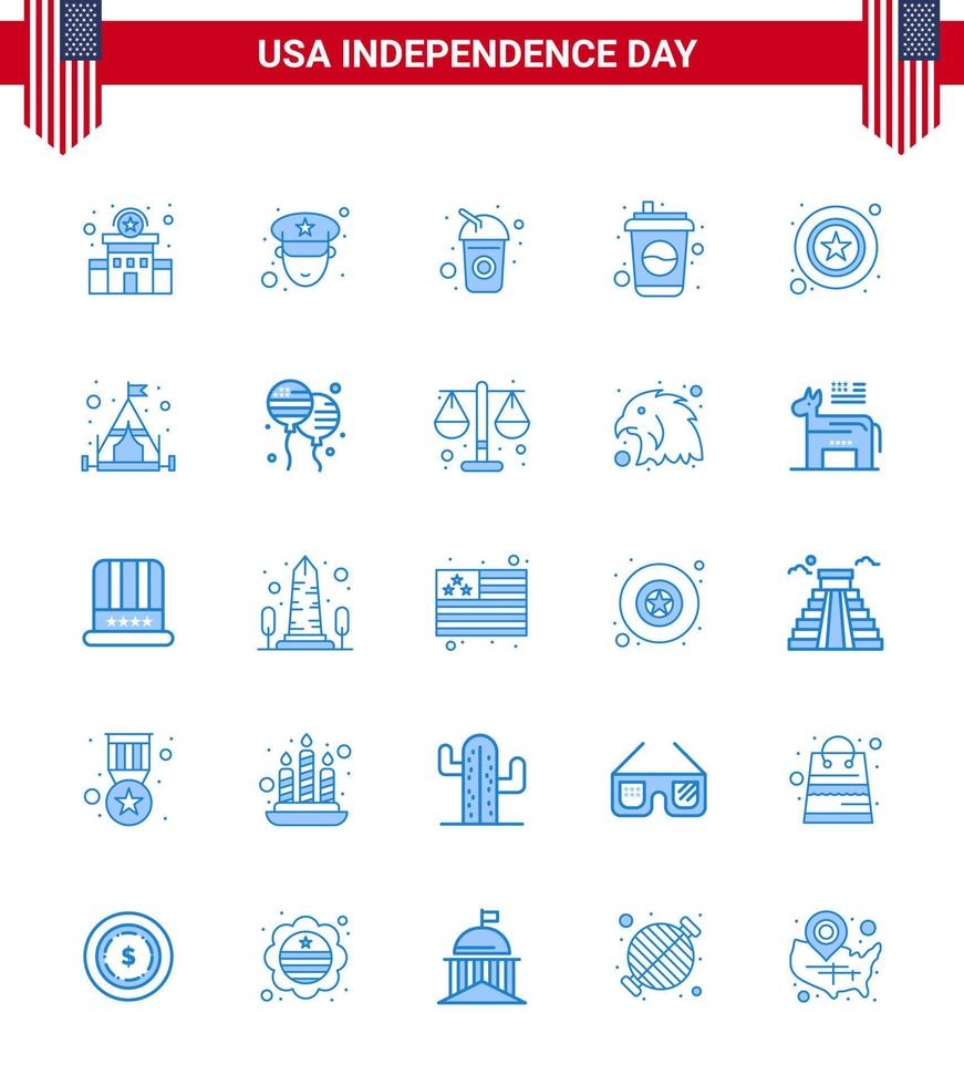 25 blaue Schilder für Usa-Unabhängigkeitstag-Zeltlager Cola-Zeichenpolizei editierbare Usa-Tag-Vektordesign-Elemente vektor
