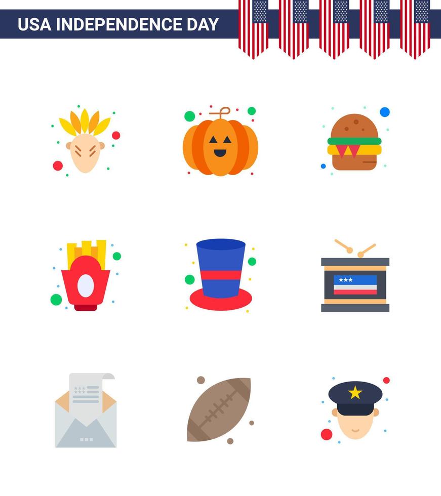 9 usa flache zeichen unabhängigkeitstag feier symbole der magischen hut kappe essen amerikanische pommes editierbare usa tag vektor design elemente