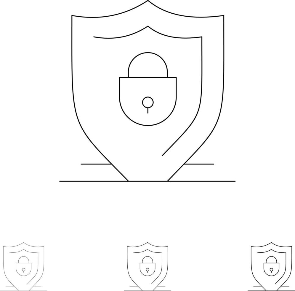 Internet-Schildschloss-Sicherheitssymbolsatz mit fetten und dünnen schwarzen Linien vektor