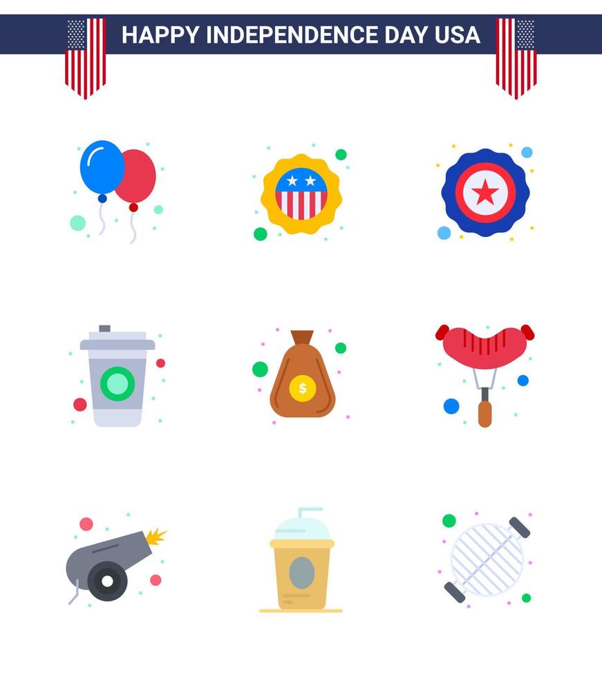 Stock Vektor Icon Pack von American Day 9 Zeilenzeichen und Symbolen für Bargeld Polizei Dollar Cola editierbare Usa Day Vektor Design Elemente