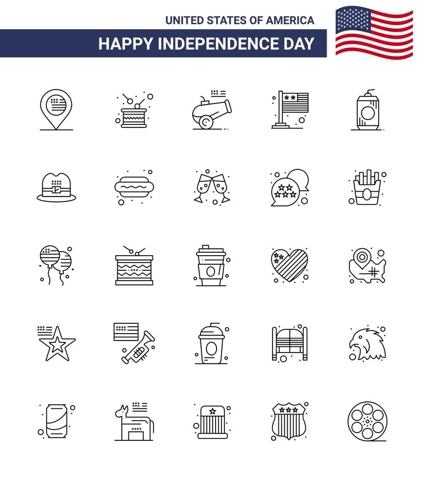 Lycklig oberoende dag 4:e juli uppsättning av 25 rader amerikan pictograph av flaska internationell oberoende flagga murbruk redigerbar USA dag vektor design element