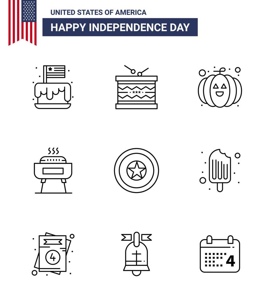Usa Happy Independence DayPiktogrammsatz von 9 einfachen Linien von Feiertagsfest Parade Feier Festival editierbare Usa Day Vektor Design Elemente