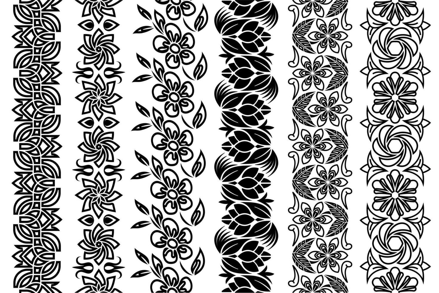 schwarzes und weißes Spitzenbesatz-Set. sammlung kunstvoller floraler ränder. nahtlose ornamentale arabeske gestaltungselemente. nahtlose sich wiederholende Muster für Ihre Designs. vektor