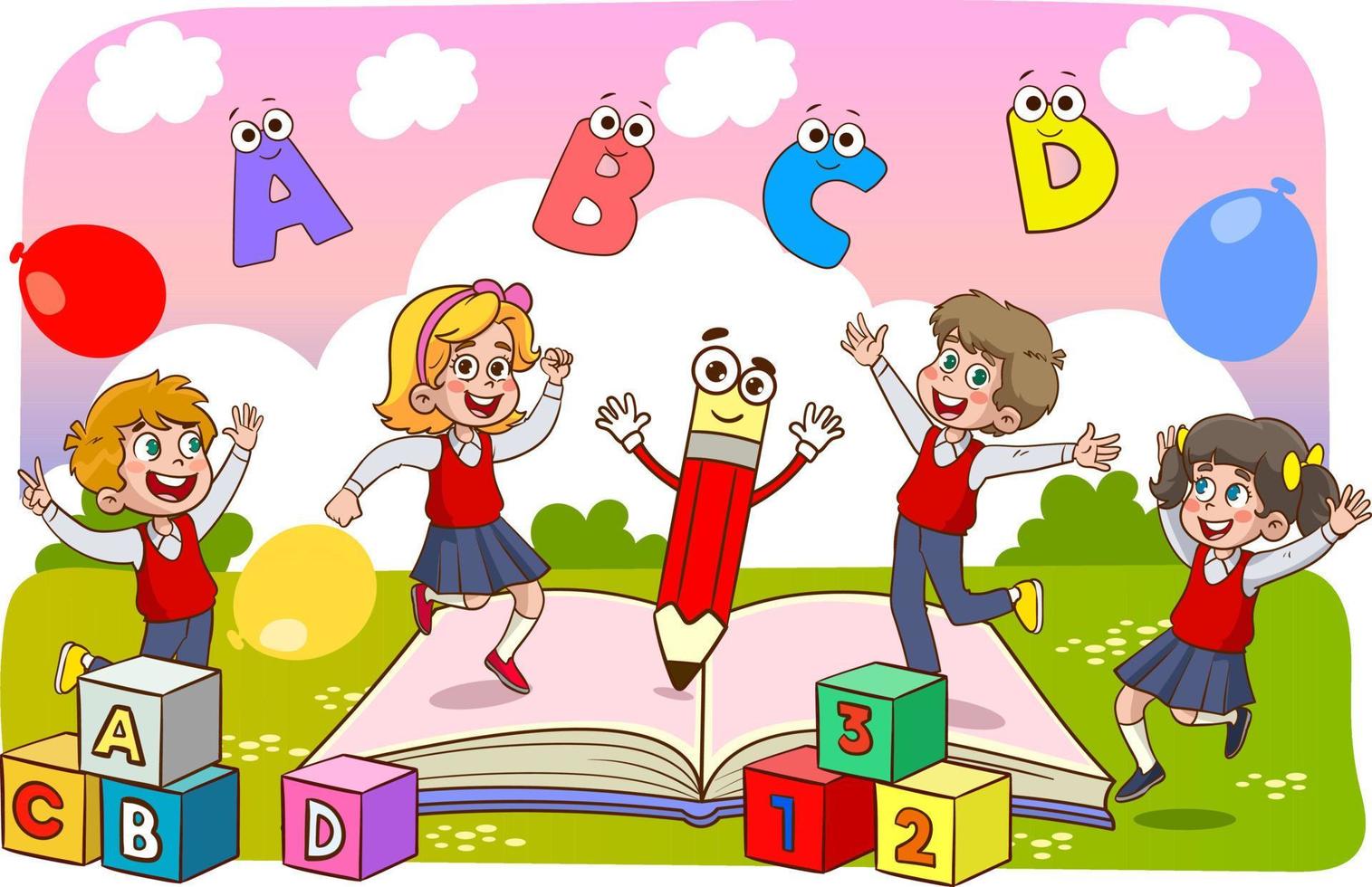 Lycklig studerande barn dans och Hoppar med brev och tal. utbildning och kunskap begrepp vektor
