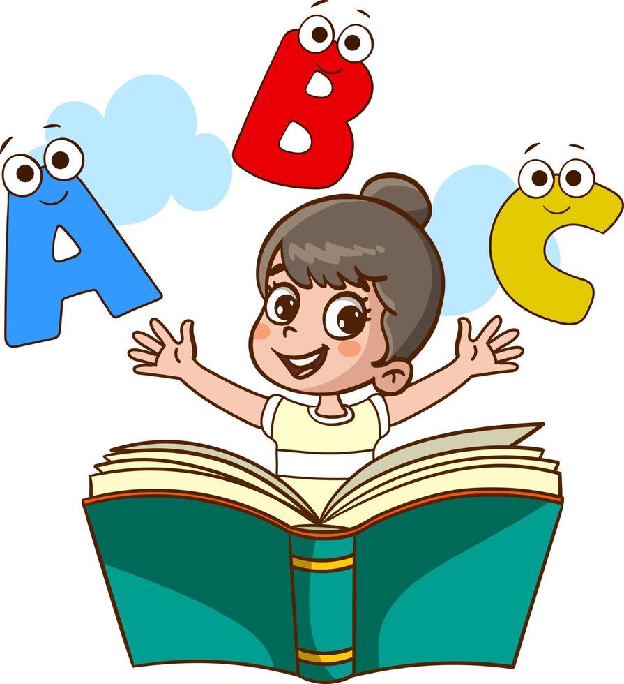 Lycklig söt liten unge med bok och bokstäver.söt liten barn läsning en bok vektor illustration.barn inlärning till läsa och skriva